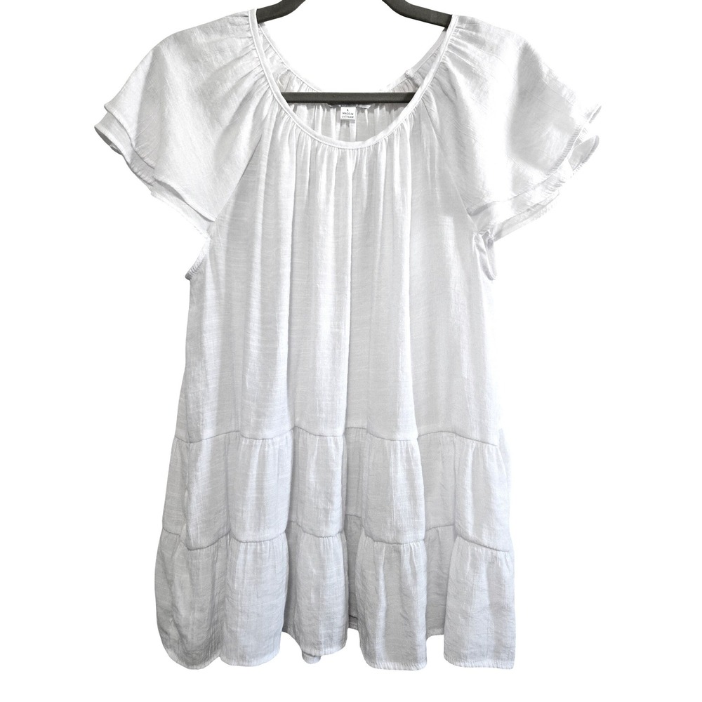 Counterparts Boho Chic White Tiered Tunic Top L Flutter Sleeve Rayon Blend White